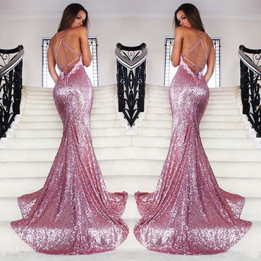 Gold Two-Pieces Sequin Spaghetti Straps V-neck Backless Prom Dresses, FC6492