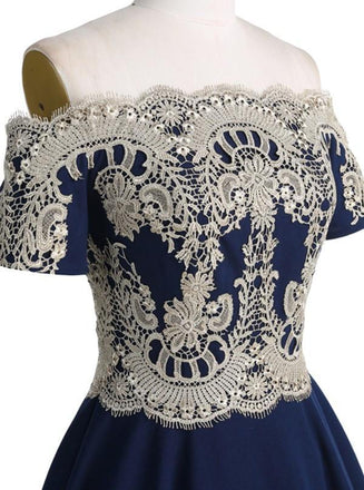 Off Shoulder Homecoming Dress, Applique Satin Junior School Dress, LB0699