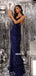 Royal Blue Sparkle Spaghetti Straps Backless Mermaid Prom Dresses, FC7009