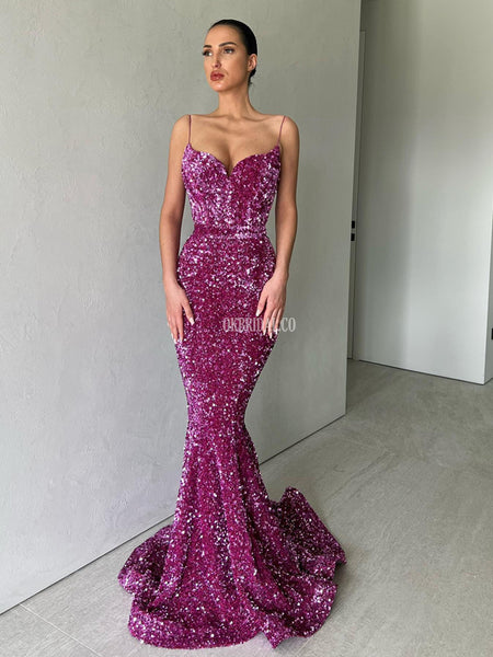 Sparkly Black Sequin Spaghetti Straps Mermaid Backless Prom Dresses, F –  OkBridal