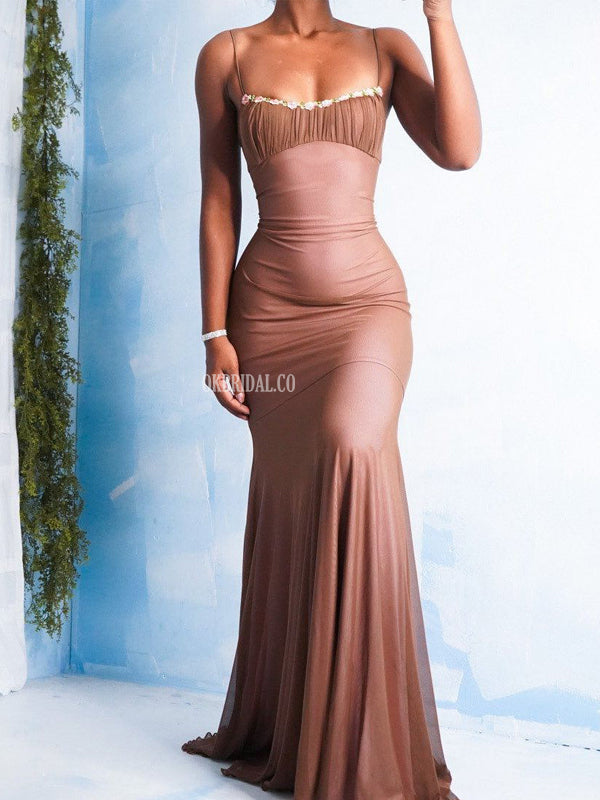Gorgeous Spaghetti Straps Mermaid Round Neck Long Prom Dresses, FC7013