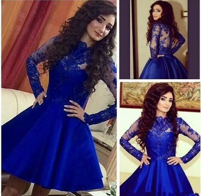 Royal Blue Long Sleeve Lace Pretty Knee Length Cheap Short Graduation Homecoming Dress, WG701 Royal Blue Long Sleeve Lace Pretty Knee Length Cheap Short Graduation Homecoming Dress, WG701