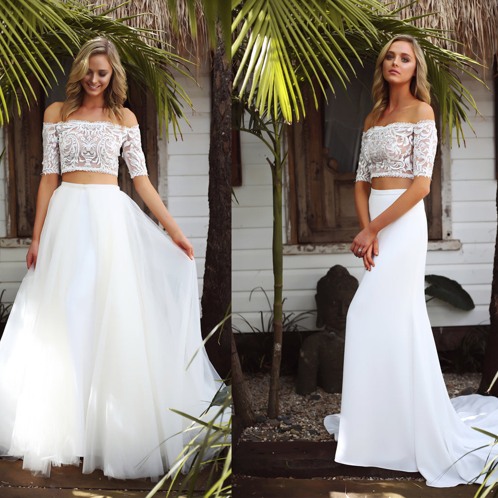 Two Pieces Long Sleeves Lace & Chiffon Ivory Boho Beach Wedding Dress –  Rjerdress