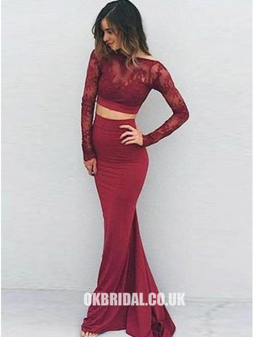 Two Pieces Lace Mermaid Long Sleeve Open-Back Sxey Jersey Prom Dresses, FC721