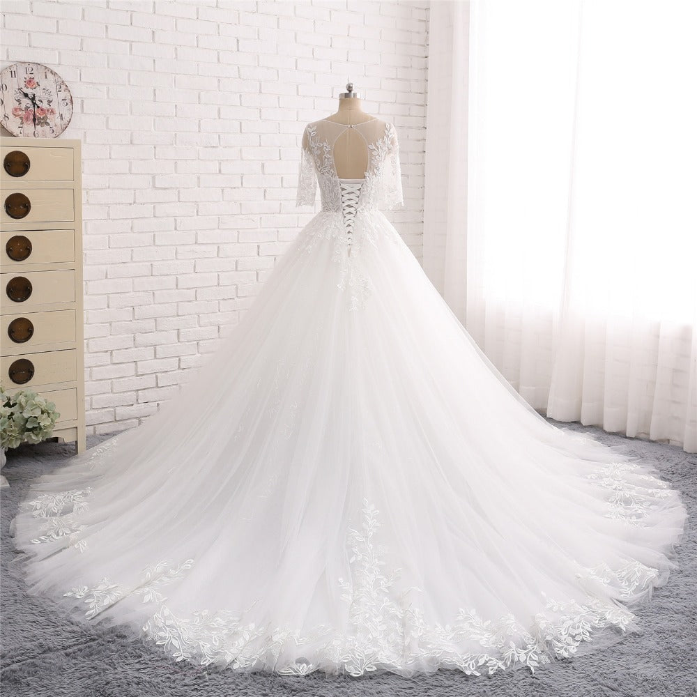 Long Wedding Dress, Short Sleeve Wedding Dress, Tulle Wedding Dress, Open-Back Bridal Dress, Charming Wedding Dress, Applique Bridal Dress, High Quality Wedding Dress, LB0728
