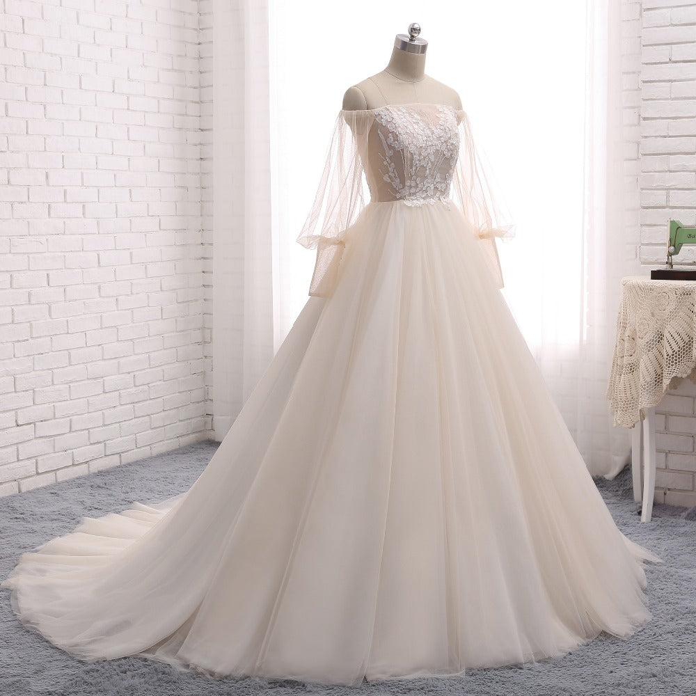 Long Sleeve Tulle Wedding Dress, Off Shoulder Charming Applique Bridal Dress, LB0732