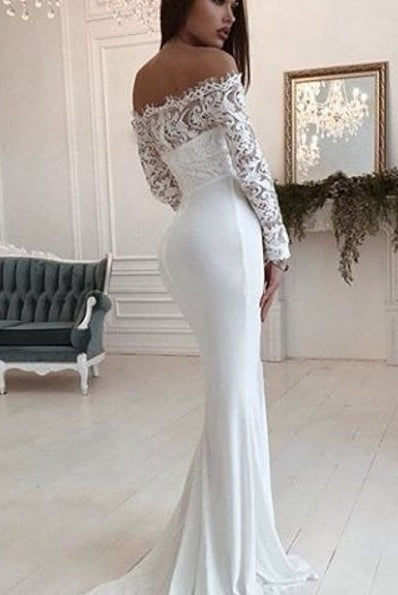 Gorgrous Off Shoulder Mermaid Wedding Dresses, Lace Top Long Sleeve Tulle Bridal Gown, KX750