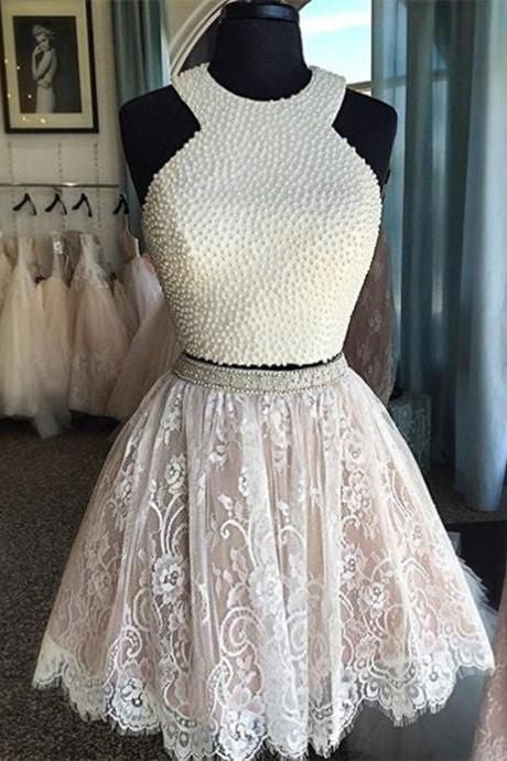 Sexy Two Pieces Halter Lace skirt Pearls bodice Cute homecoming prom dresses, CM0010 Sexy Two Pieces Halter Lace skirt Pearls bodice Cute homecoming prom dresses, CM0010