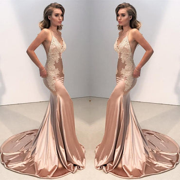 Unique Mermaid Spaghetti Straps Prom Dresses, Backless Applique Prom Dresses, KX573