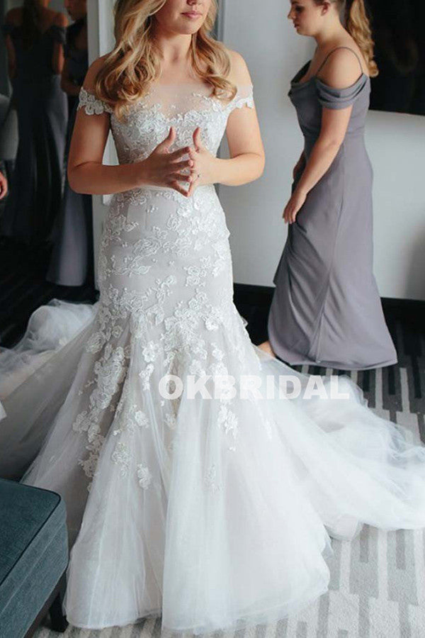 Long  Off Shoulder Lace Wedding Dress, Vintage Tulle Mermaid Wedding Dress, KX823