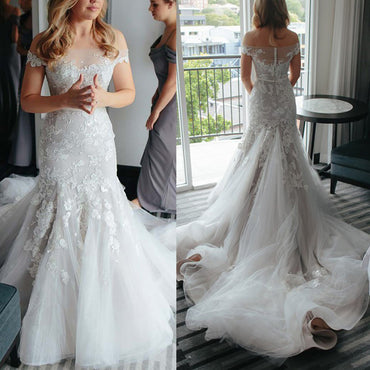 Long  Off Shoulder Lace Wedding Dress, Vintage Tulle Mermaid Wedding Dress, KX823