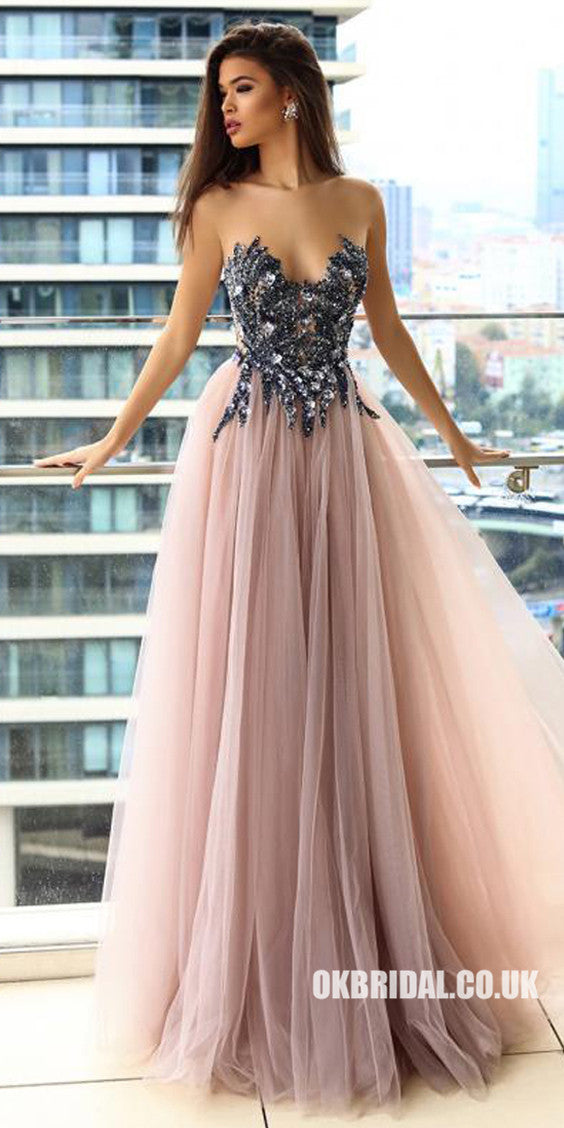 Sparkle Beaded Sleeveless Prom Dresses, Cheap Tulle A-Line Prom