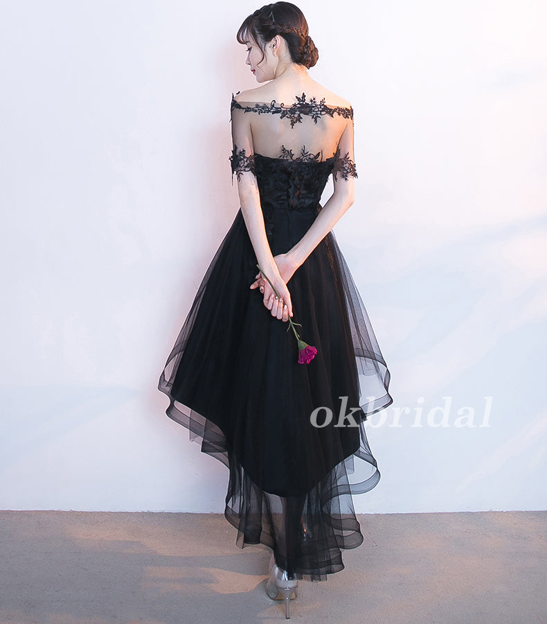 High-Low Tulle Unique Homecoming Dress, Applique Sweet Heart Black Homecoming Dress, LB0854