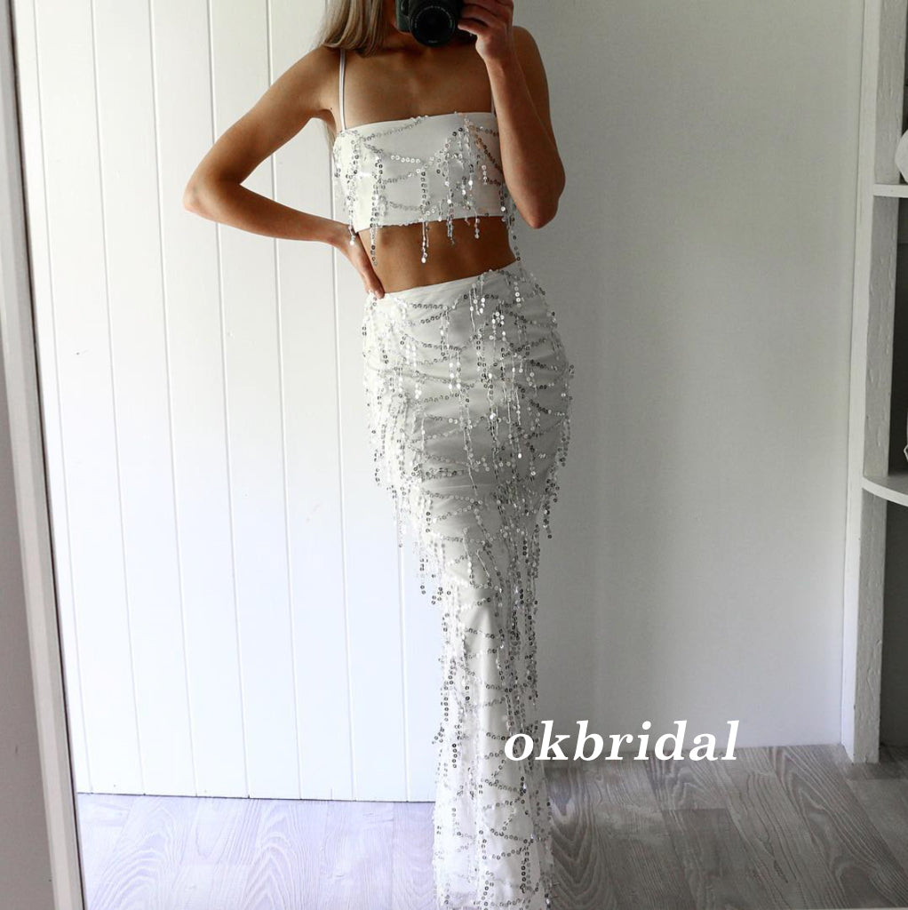 Two Pieces Spaghetti Straps Prom Dress, Tulle Mermaid Sequin Prom Dress, Sexy Prom Dress, LB0866