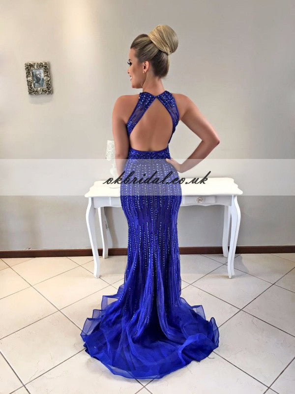 Copy of Mermaid  Prom Dress, Blue Prom Dress, Beaded Prom Dress, Sexy Prom Dress, Open-Back Prom Dresses,KX87