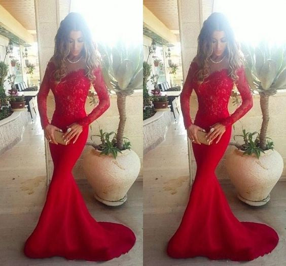 Long Sleeve Lace Mermaid Prom Dresses, Long sleeve Evening Party Dresses,  Red Prom Dress, 2017 Prom Dress, Formal Prom Dress, 17008
