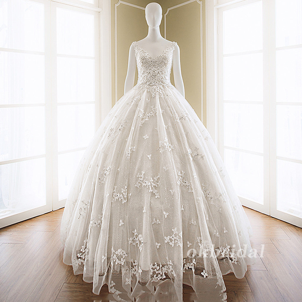 V-Neck Lace Wedding Dress, Tulle Vintage Wedding Dress, Floor-Length Applique Wedding Dress, LB0909