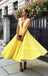Deep V-Neck Homecoming Dress, Lace Yellow Homecoming Sleeveless Junior School Dress, V-Back Homecoming Dress, LB0915