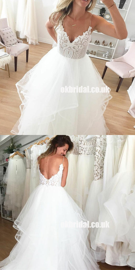 Spaghetti Strpas Lace Top Backless Wedding Dresses, White Organza A-Line Backless Wedding Gowns, LB0923