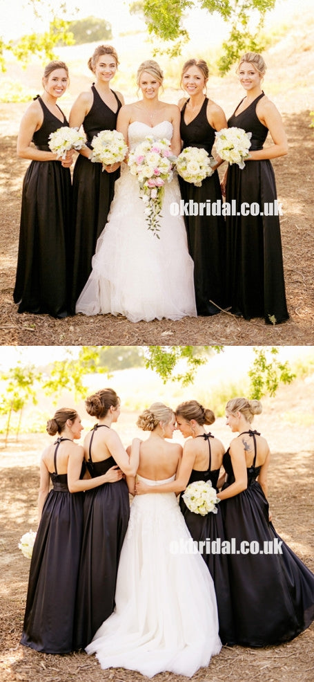 Black V-Neck Backles A-Line Sleeveless Floor-Length Bridesmaid Dress, KX940