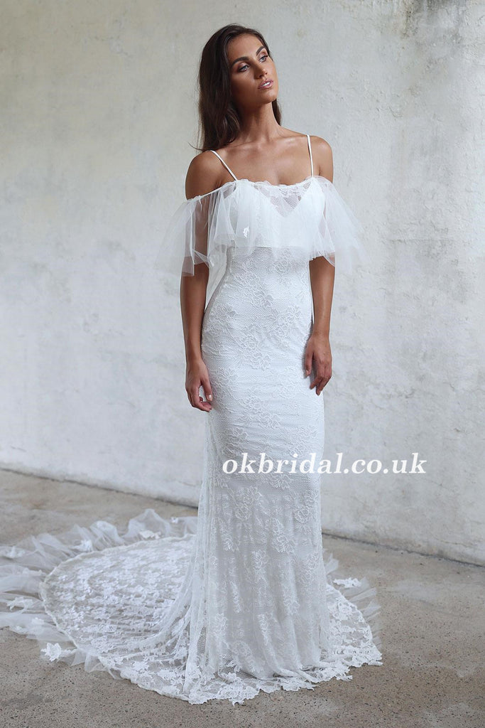 Spaghetti Straps Lace Wedding Dress, Off Shoulder Tulle Backless Wedding Dress, LB0940