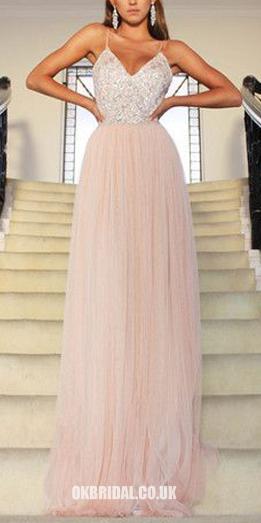 Spaghetti Straps V-Neck Tulle Backless Prom Dress, Sequin Evening Dresses, LB0944