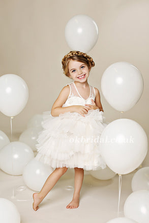 White Tulle Flower Belt Flower Girl Dresses with Bow-Knot, Popular Lit –  OkBridal