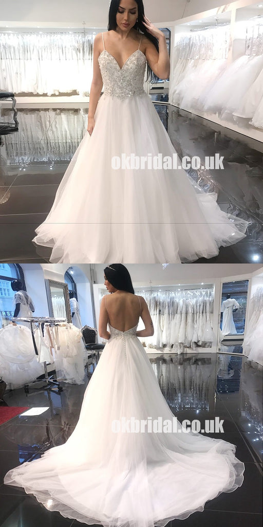 Spaghetti Straps Tulle Bridal Dress, Sparkle Beaded Top A-Line Sexy Backless Wedding Dress, LB0969