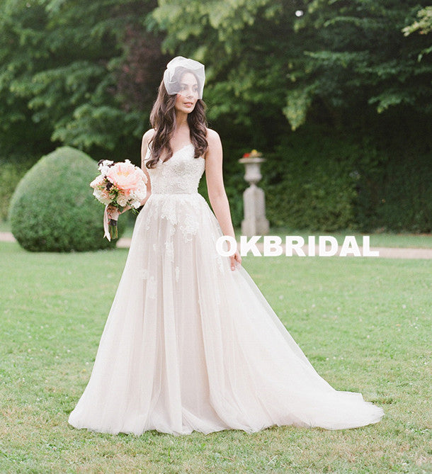 Vintage Lace Top V-Neck Wedding Dress, Spaghetti Straps Backless Tulle Mermaid Wedding Dress, KX978