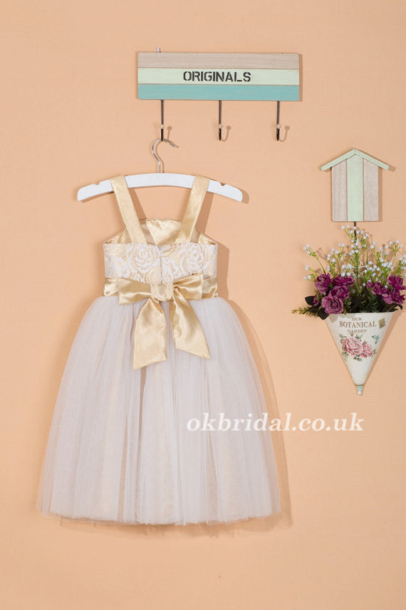Two Straps Tulle Lace Top Flower Girl Dresses, Popular Little Girl Dresses, LB0999