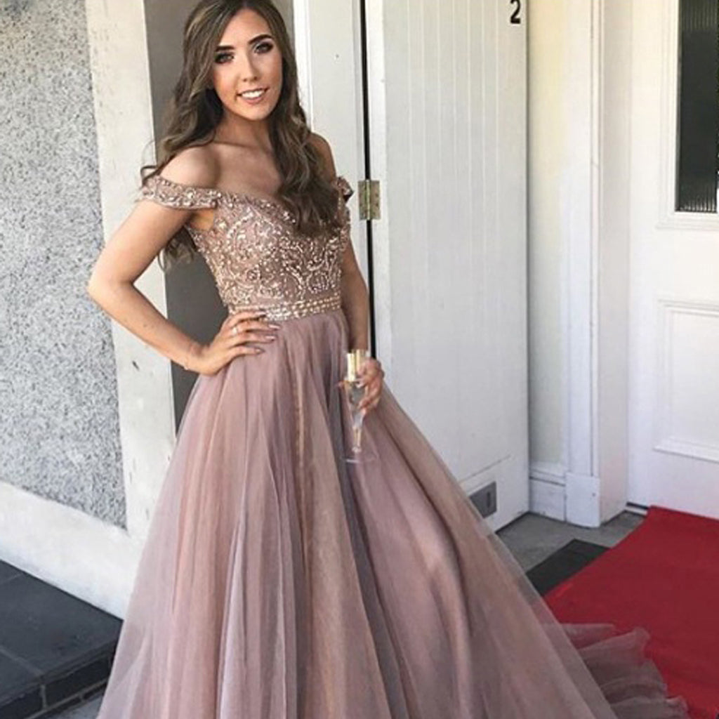 Off the Shoulder Prom Dress, Tulle Prom Dress, Beaded Prom Dress, A-Line Prom Dress, Backless Prom Dress, KX99