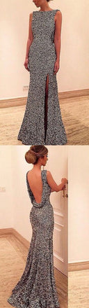 Scoop Neckline Sexy Backless Side Slit Sequin Prom Dresses, PD0142