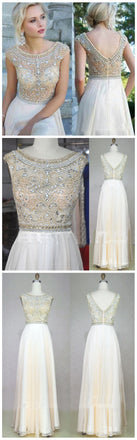 Cap Sleeves Prom Dresses Long A-line Prom Dresses, Gorgeous Round Neck Rhinestone Bridal Gown, WD0122