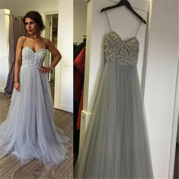 Charming Spaghetti Lace Tulle Long A-line Prom Dresses, PD0166