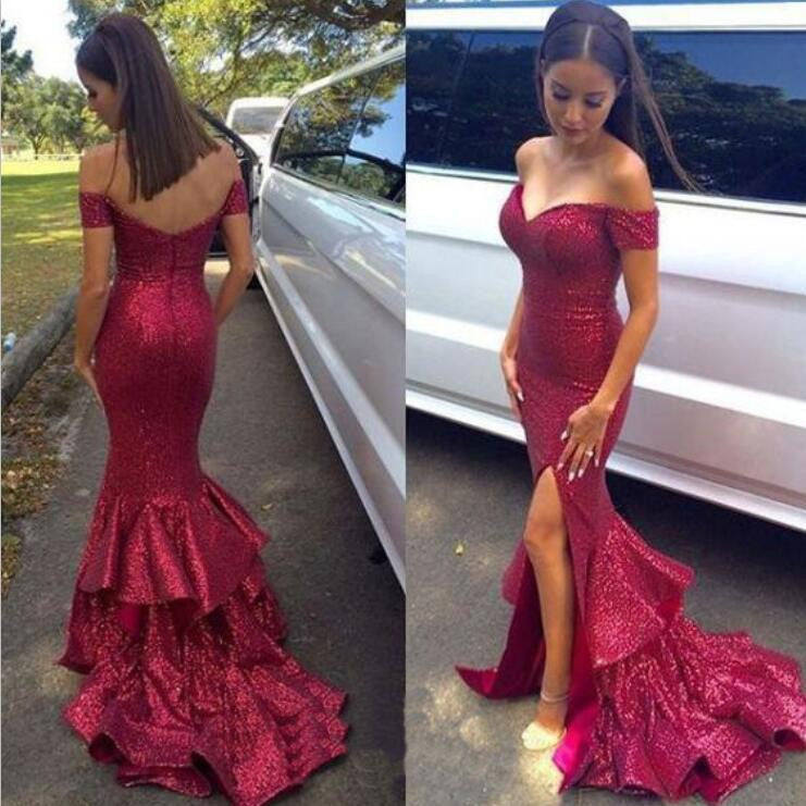 Strapless Embroidered Sequin Side Slit Open Corset Back Long Prom Dres –