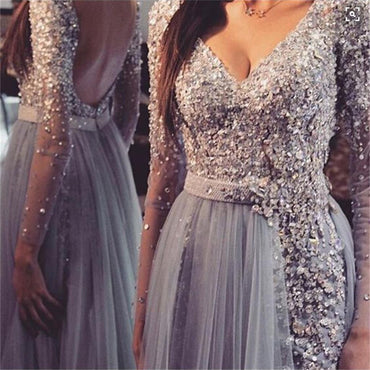Long sleeve Prom Dresses, Grey Prom Dresses, Lace Prom Dresses, Backless Prom Dresses, V-Neck Prom Dresses, Custom Prom Dresses, PD0038
