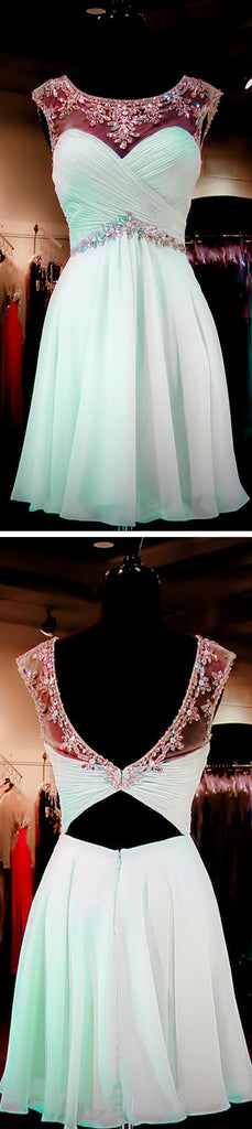 Mint Green Beaded Homecoming Dresses, Open back Prom Dresses, Sexy Backless Homecoming Dresses, Sweet 16 Dresses, Cocktail Dresses,PD0005
