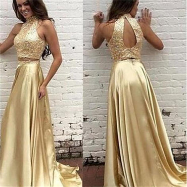 Charming V-Back Tulle Rhinestone Beaded Long Prom Dresses, PD0140