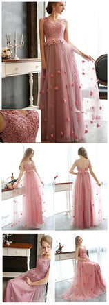 Charming Pink Tulle Lace Up Popular A-line Party Prom Dresses, PD0090