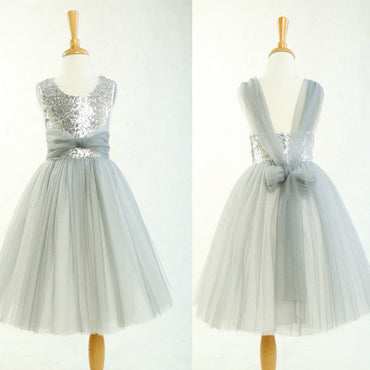 Sweet Sequin Top Tulle Appliques Long Flower Girl Dresses With Bow, FG001