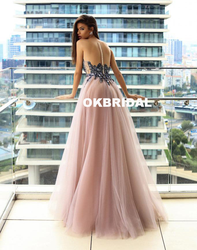 Sparkle Beaded Sleeveless Prom Dresses, Cheap Tulle A-Line Prom