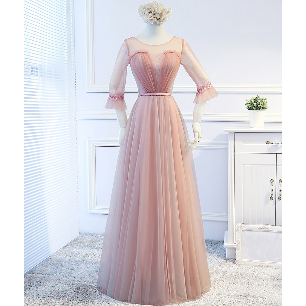 Half Sleeve Tulle A-Line Elegant Long Open-Back Bridesmaid Dress, FC1005