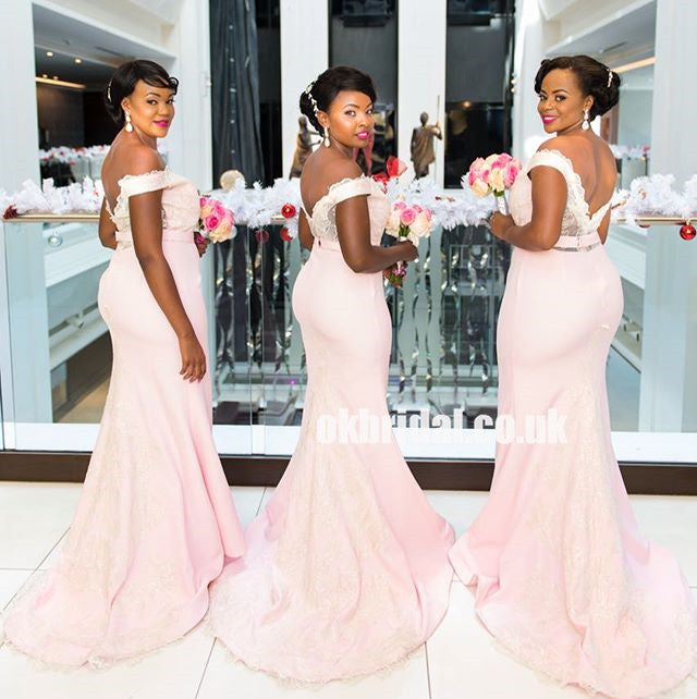 Pink Mermaid Bridesmaid Dresses, Off Shoulder Lace Backless Bridesmaid Dresses, KX1210