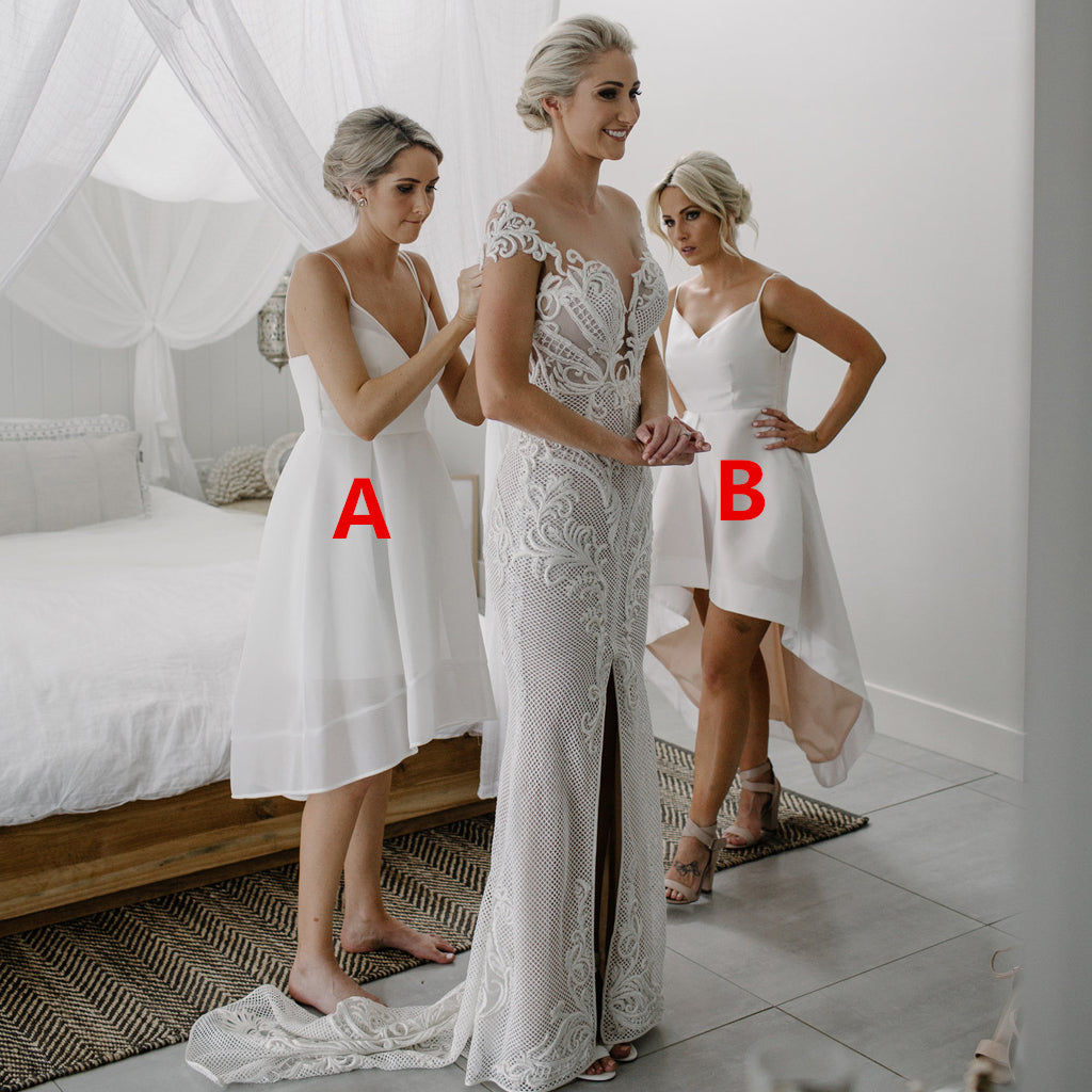 Spagetti Straps High-Low Chiffon Backless Elastic Satin Bridesmaid Dresses, FC1330