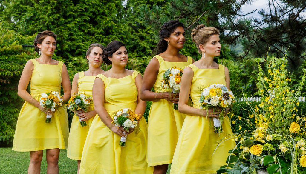 Short Yellow Knee-Length Bridesmaid Dress, Sleeveless Satin Backless Bridesmaid Dress, KX1393