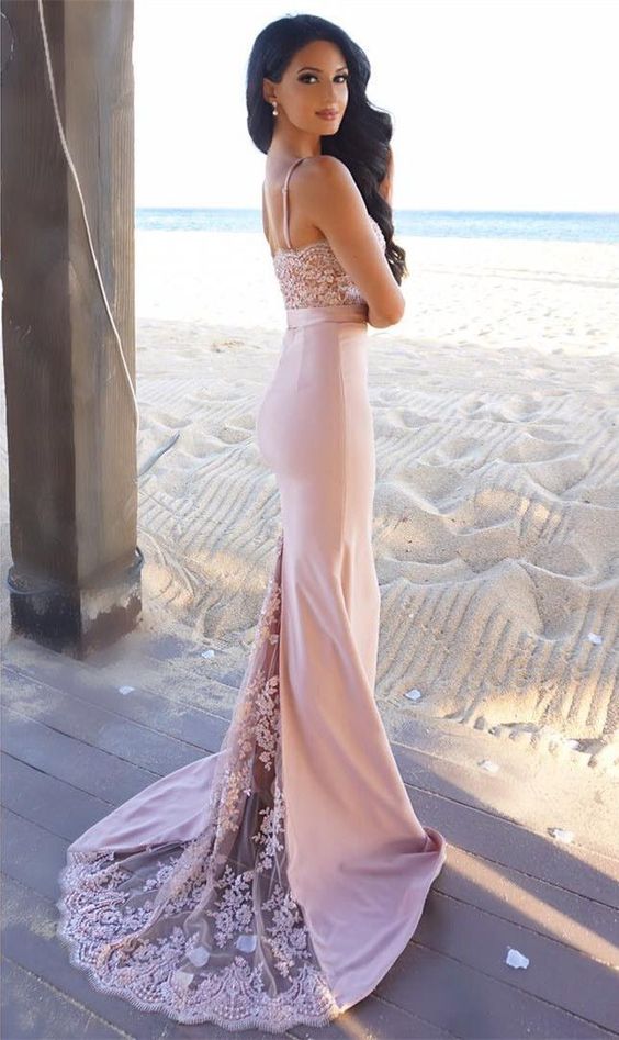 Hot Sale Mermaid Pink Lace Jersey Backless Sexy Long Bridesmaid Dress, KX931