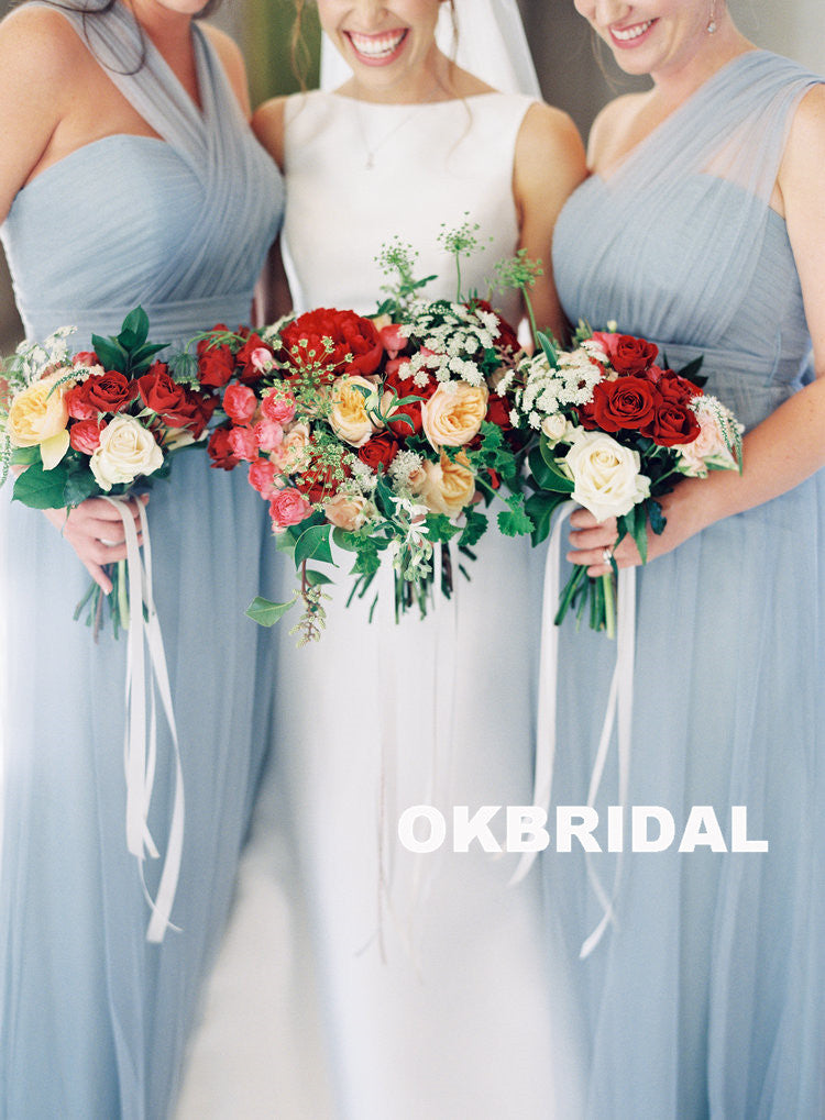 Convertible Long Bridesmaid Dress, Cheap Tulle Backless A-Line Bridesmaid Dress, KX952