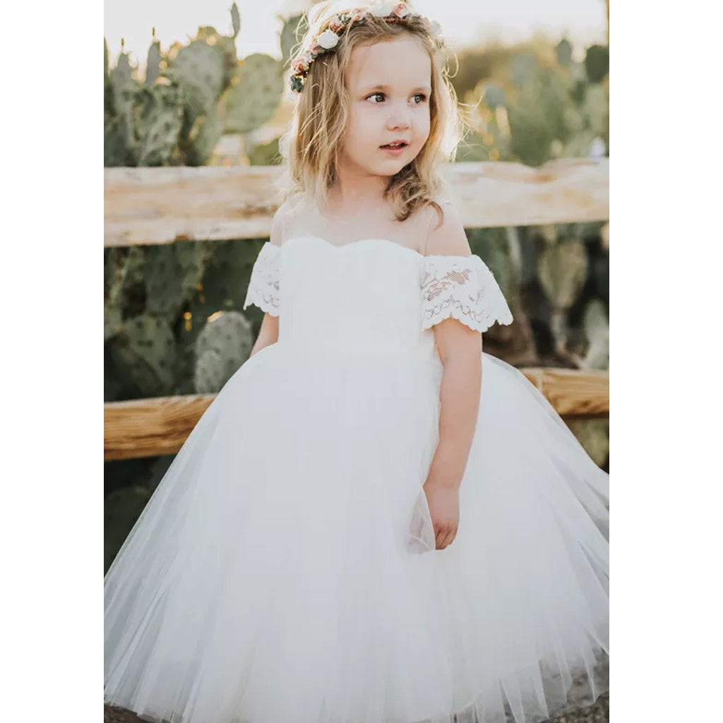 Adorable Tulle Off Shoulder Flower Girl Dresses, Lace Little Girl Dresses, KX1235
