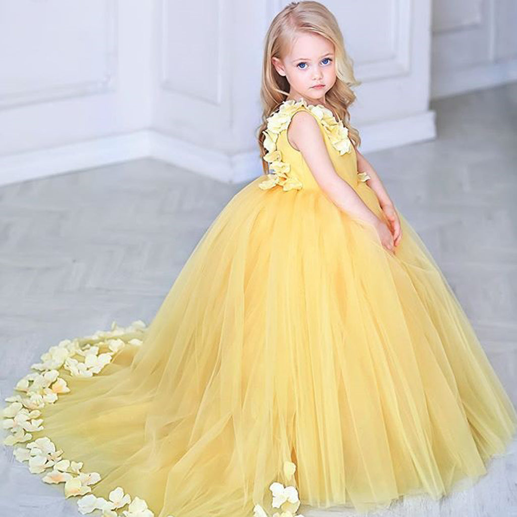 Adorable Yellow Tulle Flower Girl Dresses, Applique Little Girl Ball Gown, KX1300