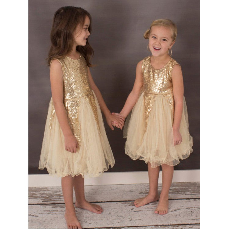 Gold Sequin Flower Girl Party Dresses Tulle Gown Formal -  UK